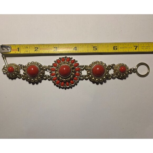 Gold-Tone Bracelet orange Cabochons Floral toggle clasp boho womens Jewelry - Picture 4 of 5